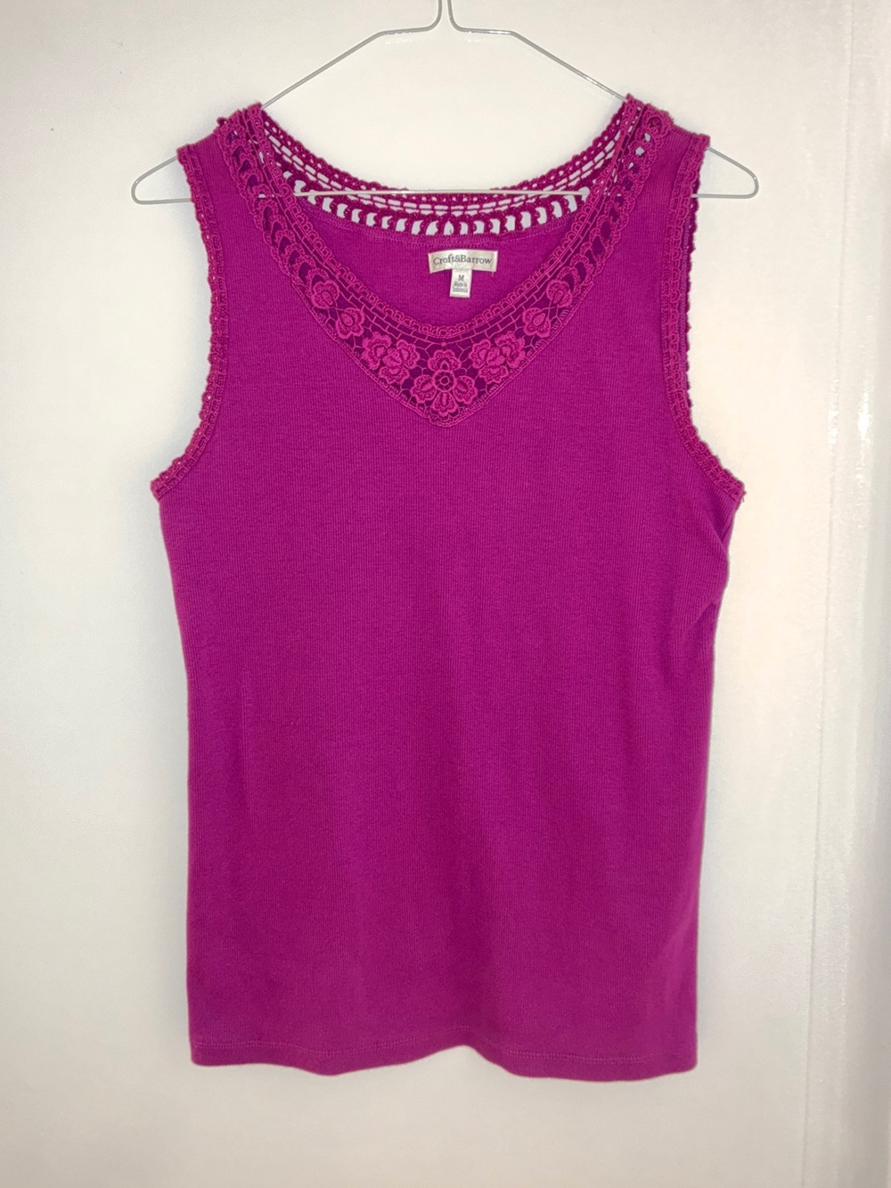 Croft & Barrow Floral Crochet Lace V-Neck Ribbed Tank Cotton Magenta Y2K 2000s
